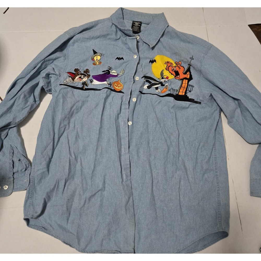 Vintage Warner Brothers Denim-Like Embroidered Shirt "Halloween Theme" - XL